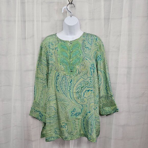 Coldwater Creek Green Blue Paisley Silk Blouse Peasant Retro Embroidered PL - Picture 1 of 13